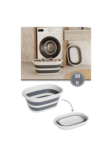38 Litre Büyük Katlanır Sepet, Geniş Hacimli Akordiyon Çamaşır Selesi Oyuncak Kutusu Organizer 38lt Beyaz - Gri