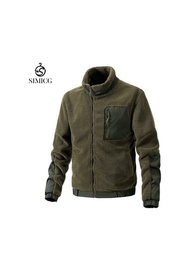 Dik Yaka Polar Günlük Hırka Açık Hava Erkek Kuzu Polar Ceket Yeşil