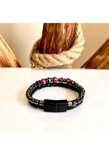 %100 Deri&hematit Kombin Siyah-lila Erkek Bileklik Net 21cm Siyah - Pembe