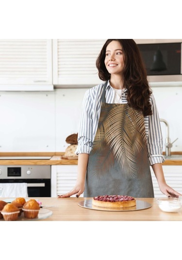 Kahverengi Palmiye Yaprak Detaylı Mutfak Önlüğü Keten, Uluslararası Yıkama Ve Solmama Sertifikası Çok Renkli