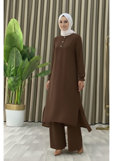 Tesettür İkili Takım Uzun Tunik Bol Paça Pantolon 4006-kahve Kahverengi
