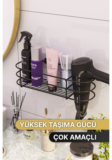 Bino Yapışkanlı Saç Kurutma Makinesi Banyo Düzenleyici Organizer Raf Siyah