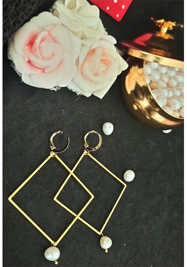 24k Altın Kaplama Gerçek Barok Tarz İnci Kare Tasarım Küpe Beyaz Gold