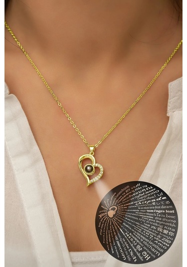 Altın Kaplama 100 Dilde Seni Seviyorum Kalp Çelik Kolye Altın