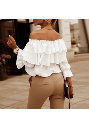 Yaz Kadın T-shirt Tek Boyun Şifon Gömlek Kadın Elastik Omuz Kravat Fırfır Üstleri Rahat Gevşek Orta Kollu Siyah