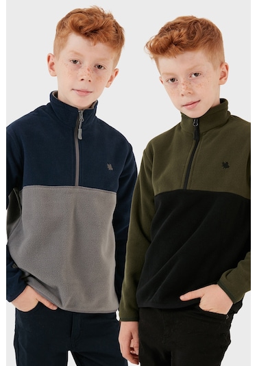 Lela Yumuşak Dokulu Yarım Fermuarlı Renk Bloklu Dik Yaka 2'Li Paket Çocuk Polar 5905004S2 Haki Siyah-Lacivert Gri