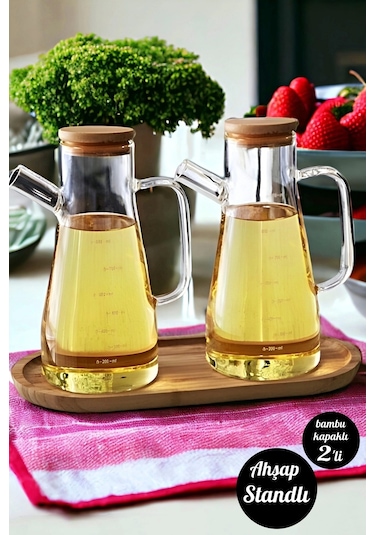 Bambu Kapaklı Cam Yağdanlık Vakumlu Ahşap Stantlı Sirkelik Zeytinyağı Şişesi Yağlık 900 Ml 3'lü Set