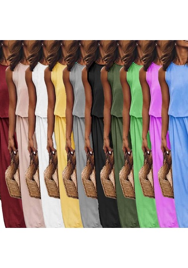 Yuvarlak Yaka Kolsuz Düz Renk Yırtmaçlı Elbise Koyu Yeşil