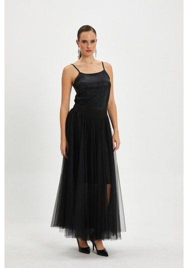 Tül Katmanlı Uzun Şifon Etek Siyah
