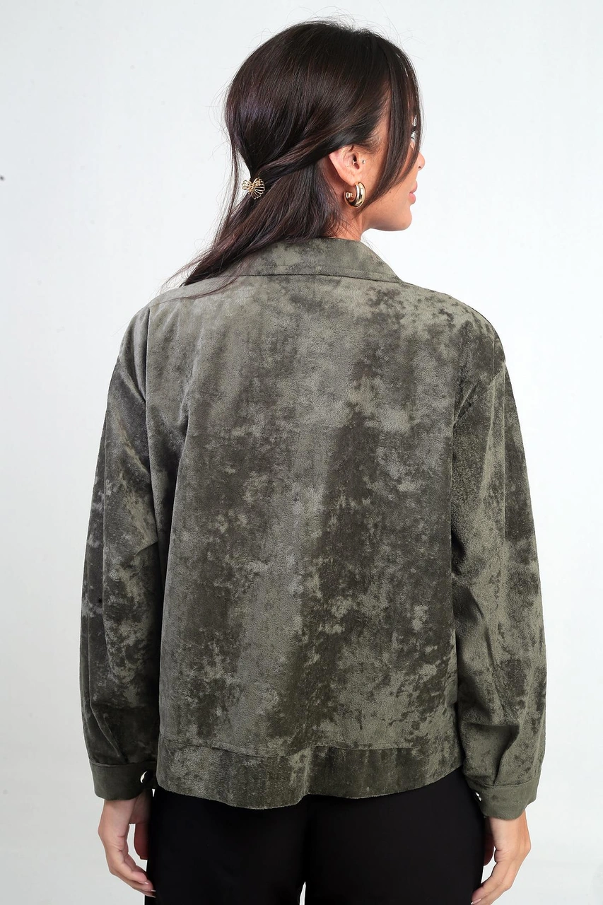 Kadın Torba Cepli Önü Fermuarlı Süet Mont-41927 Haki