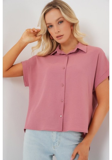 Gülsüm Aydın Oversize Kısa Kol Gömlek 20322 - Pembe Pembe