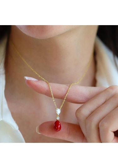 Mercan Taşlı Damla Gold Gümüş Set Gümüş