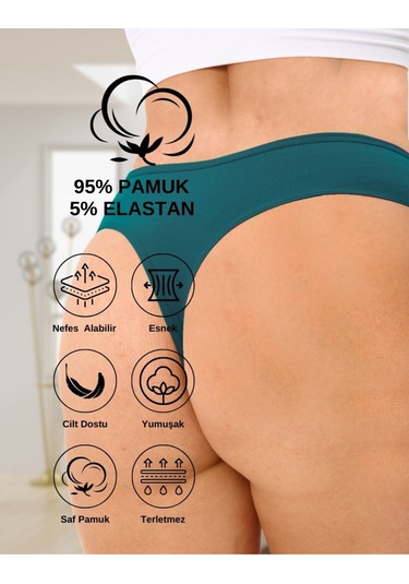 Alya Underwear Kadın Bato Tanga Pamuklu Külot, Büyük Beden String, 5'li Paket- 2 Siyah, 1 Beyaz, 2 Ten Multicolor-p24