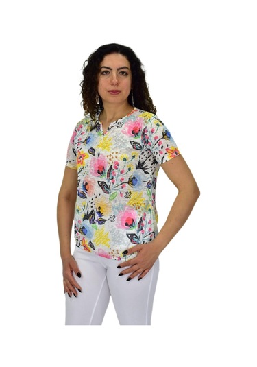 Kadın Kısa Kol Baskılı Bluz Bgl-st04687 Krem