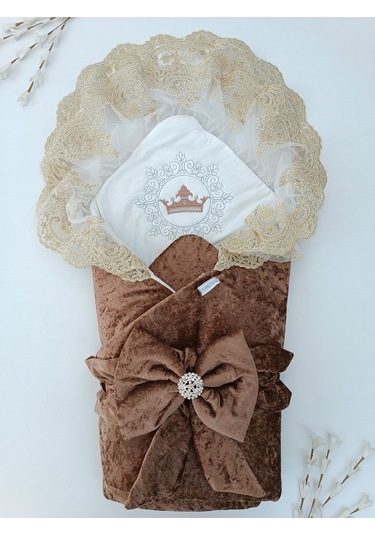 Dantelli Taçlı Bebek Kundağı Unisex Bebek Dış Kundak Battaniyesi Hastane Çıkışı Mevlütlük Kundak Kahverengi