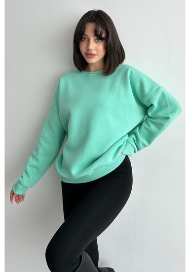 Kadın Mint Yeşili Bisiklet Yaka Oversize Sweatshirt Mint Yeşili