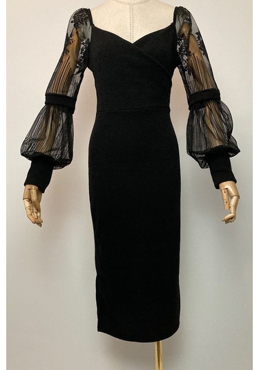 M1991 Kol Detaylı Kruvaze Örme Elbise Siyah-siyah Siyah