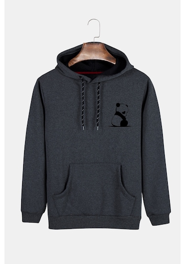 Unisex Füme Kapüşonlu Panda Baskılı Slim Fit Kanguru Cepli Sweatshirt Füme