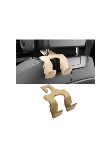 Çift Kanca Tasarımlı Araba Koltuğu Arkası Asılı Kanca + Pu Deri Araba Koltuğu Kafalık Kancası Telefon Tutucu - Bej