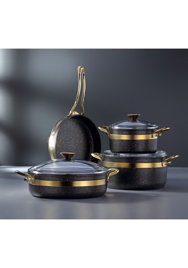 Bonera Nil 7 Parça Granit Tencere Seti Siyah - Gold Siyah