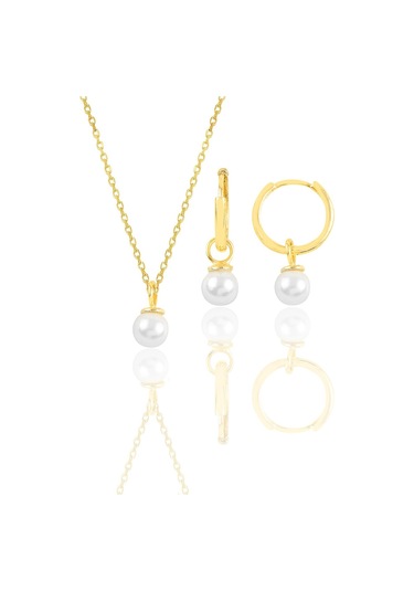 Gümüş Altın Yaldızlı İncili Kolye Ve Halka Küpe İkili Set