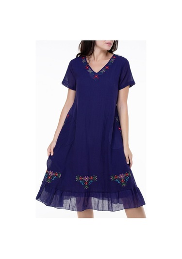Kısa Kol Şile Bezi Mehtap Midi Boy Nakış Detaylı Elbise Mor Mor-mor