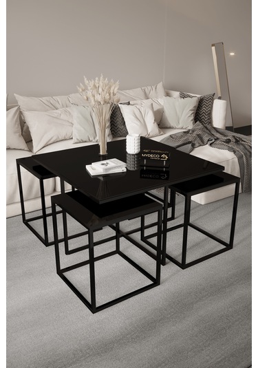 4+1 Siyah Kaplama Siyah Ayna Orta Sehpa