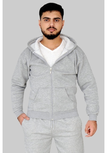 Gri 3 Iplik Fermuarlı Kapşonlu Sweatshirt Gri