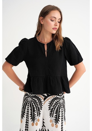 4713 Kadın Beli Büzgülü Kolu Lastikli Bol Müslin Bluz Siyah Siyah