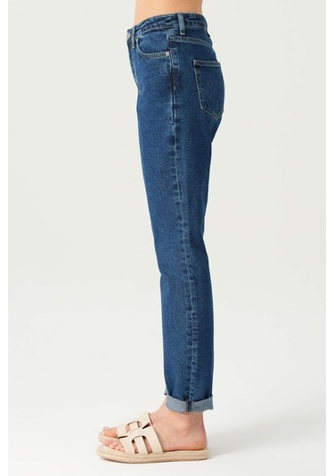 Orta Mavi Yüksek Bel Patı Fermuarlı Slim Fit Jean Pantolon C 4934-009 Mavi