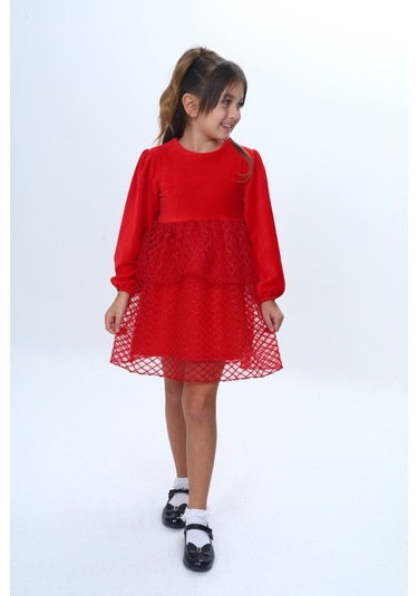 Toontoy Kız Çocuk Kadife Kat Kat Fırfır Detaylı Elbise Kırmızı