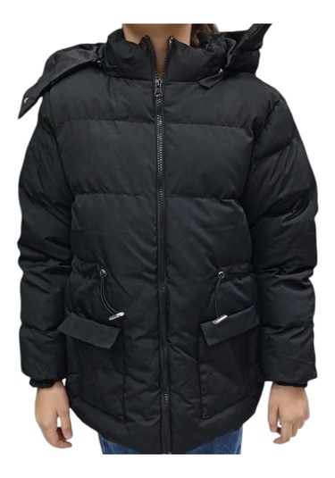 Kız Çocuk Kapüşonu Çıkabilen Fermuar Kapamalı Beli İp Bağlamalı İçi Peluş Astarlı Siyah Mont Siyah