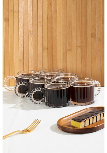 Porsima 11412 Boncuk Kulplu 6lı Cam Kahve Çay Bardağı Seti 250ml Şeffaf