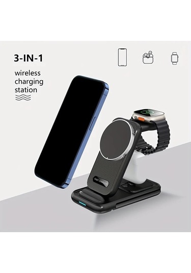 Motion003 Taşınabilir Çok Fonksiyonlu Katlanabilir Usb C Kablosuz Şarj Standı Siyah Telefon Tablet Akıllı Saat