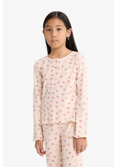Defacto Kız Çocuk Pijama Takımı Fitilli Kaşkorse Kalp Desenli Uzun Kollu Üst Uzun Alt F7276a825aupn353 Pembe