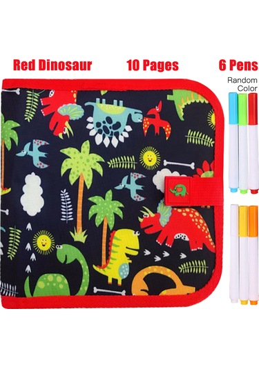 Aubyhe Kırmızı Dinozor Desenli Çocuk Taşınabilir Çizim Defteri - Tekrarlı Yazma Özelliği, 10 Sayfa Ve 6 Renkli Kalem Seti Çok Renkli