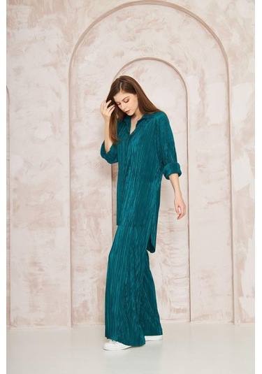 Kadın Pliseli Beli Lastikli Pantolon Tunik Gömlek Ikili Bürümcük Salaş Takım 3573300 Zümrüt