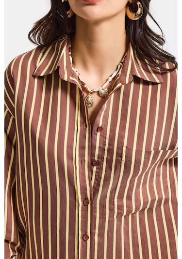 Itsbasic Kadın Kahve Çizgili S6-108 Oversize Rahat Kesim Gömlek