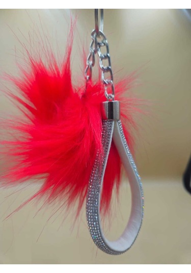 Gümüş Taşlı Tilki Tüyü Kırmızı Angel Anahtarlık