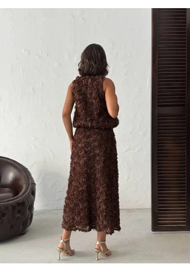 Gül Desenli Tül Etek Kahve