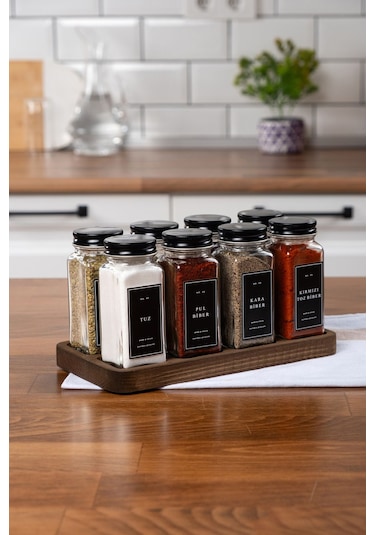 Mienda Home 8'li Ahşap Standlı Cam Baharatlık Seti Siyah Kapaklı Etiketli Baharatlık Mh01syh08 Siyah - Şeffaf