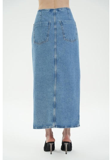Açık Mavi Yüksek Bel Düğmeli Maxi Jean Etek C 4532-036 Açık Mavi