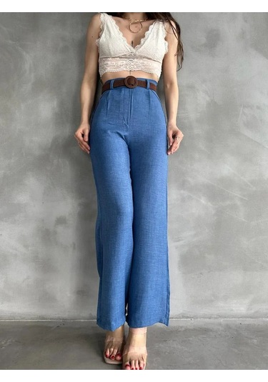 Derenle Beli Kemerli Keten Pantolon Mavi
