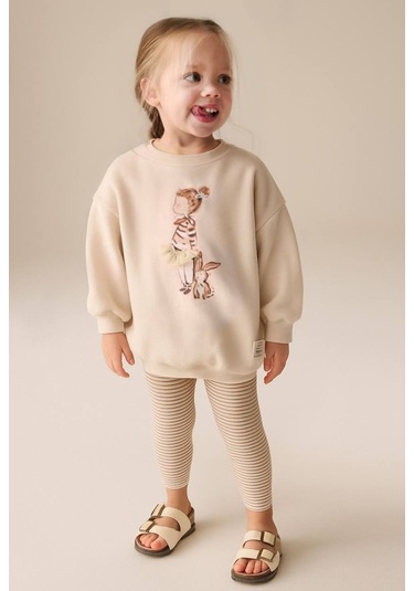 Kız Çocuk Balerin 3d Tütü Aplike Detaylı Sweatshirt Çizgili Tayt Alt Üst Takım KREM