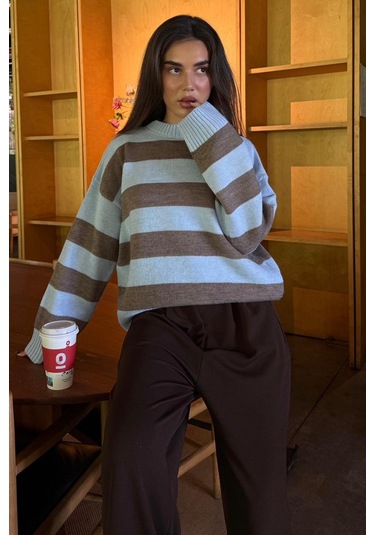 Camel Bisiklet Yaka Çizgili Oversize Triko Kazak Mg1972 CAMEL