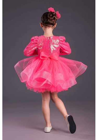 Uzun Kol Balerin Elbise Tütü Etek Pul Payetli Fuşya