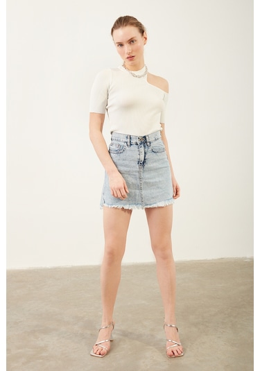 Kadın Püsküllü Mini Jean Etek 001