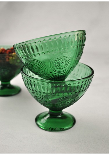 3 Adet Yeşil Cam Çerezlik Dondurma Tabağı Sunum Magnolia Kasesi