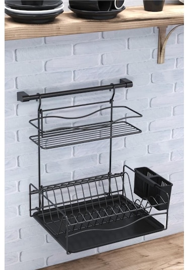 Geseus Home Borulu Askılı Bardaklık Tabaklık Bulaşıklık Mat Siyah