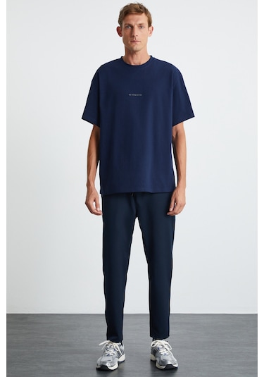 Rıver Erkek Oversize Fit Bol Kesim Nakış Işlemeli Basic Örme Lacivert T-shirt